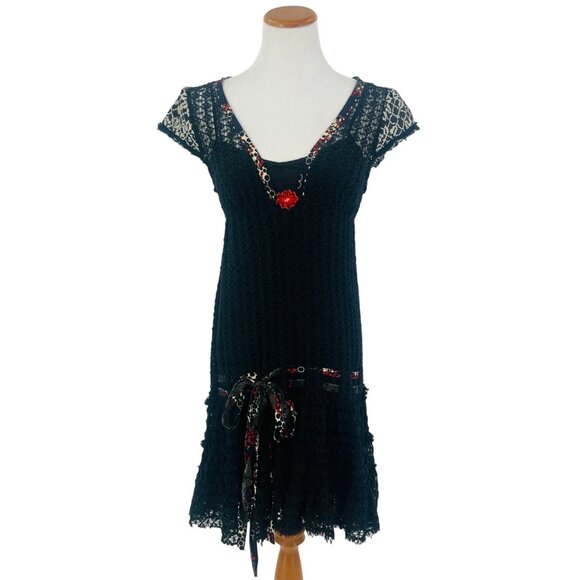 VTG Free People Black Crochet Drop Waist Mini Dress Whimsigoth Grunge Fairy 90s VTG Free People Black Crochet Drop Waist Mini Dress Whimsigoth Grunge Fairy 90s